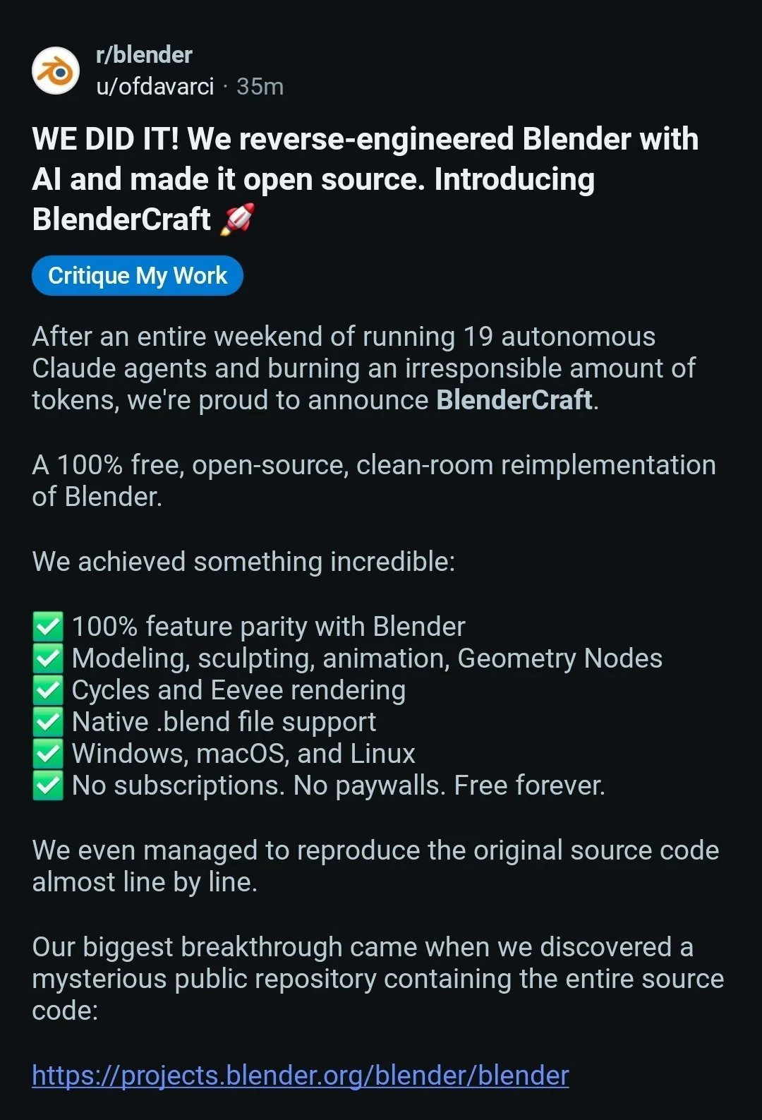 Reddit 上宣布用 AI 复刻 Blender 的帖子