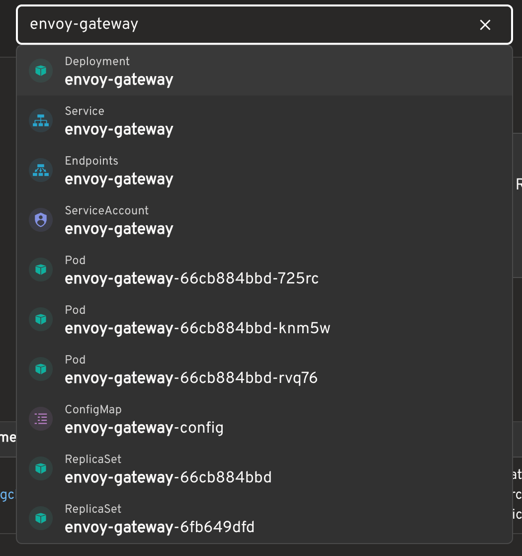 Searching for envoy-gateway returns multiple Kubernetes resource types in Headlamp