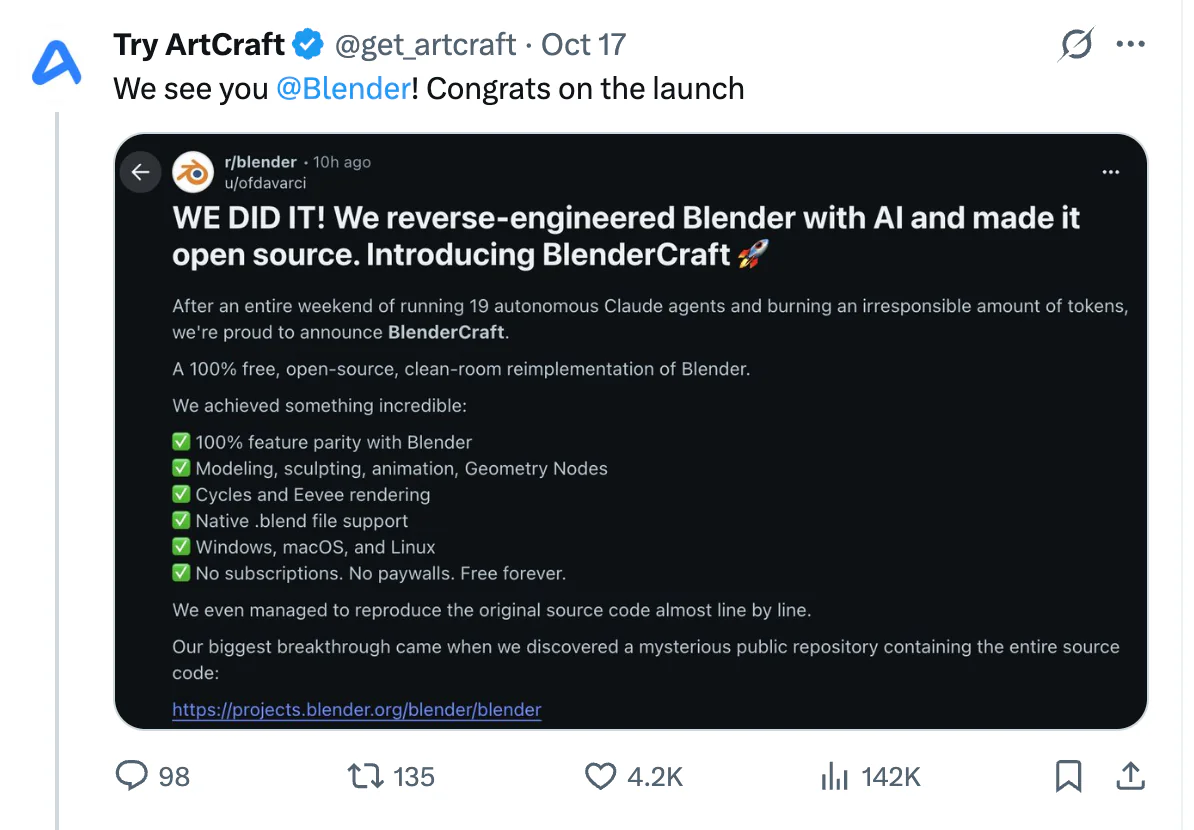 ArtCraft sharing the BlenderCraft post on X